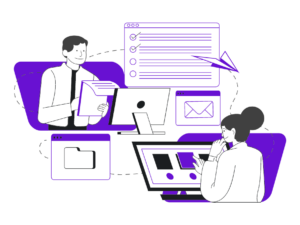 Cartoon graphic of man and woman working on computers with additional widgets.