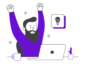 Cartoon man with beard, arms raised in air in front on laptop